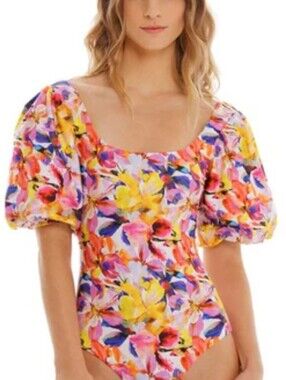 Puff Sleeve Floral Swimsuit/bodysuit in Bright Bloom